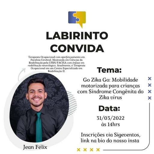 Folder com a foto do Terapeuta Ocupacional Jean Félix, contendo as informações referentes ao evento